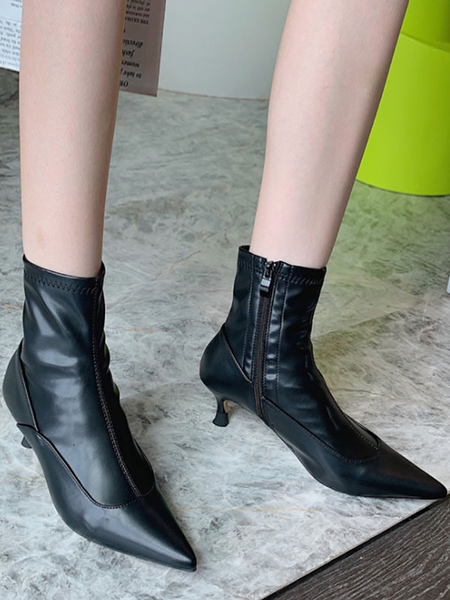 Milanoo Women Booties Pointed Toe Kitten Heel PU Leather Ankle Boots