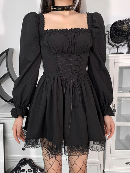robe mi-longue femme noire col carré manches longues dentelle plissée polyester robe gothique