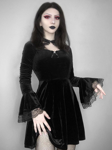 Milanoo Women Retro Dress Black Long Sleeve Pleated Lace Gothic Polyester Gothic Dress