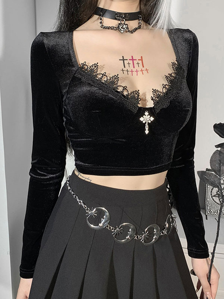Milanoo Women Blouse Black Sweetheart Neck Long Sleeves Lace Cotton Gothic T Shirt
