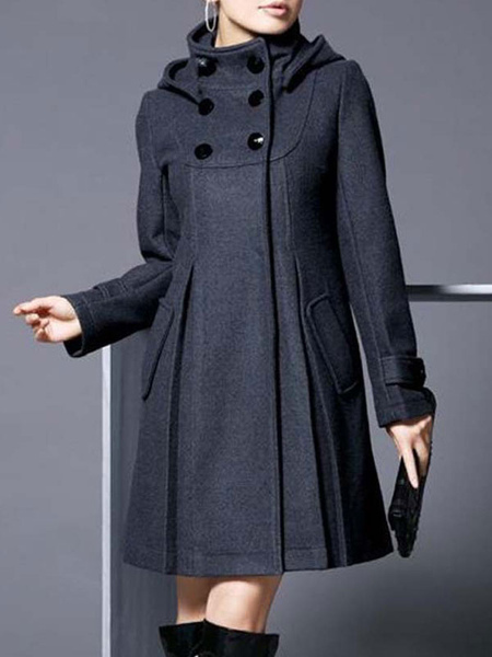 Milanoo Woman Coat High Collar Long Sleeves Buttons Casual Stretch Teal Winter Long Overcoat