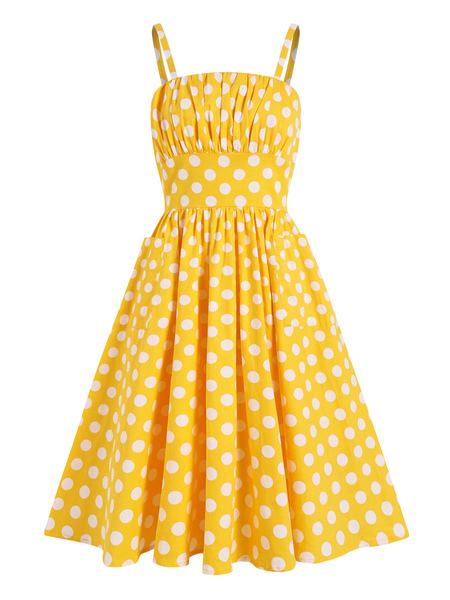 Milanoo 1950s Retro Dress Yellow Polka Dots Pattern Stretch Pleated Sleeveless Straps Neck Swing Dre