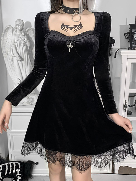 Milanoo Women Midi Dress Black Sweetheart Neck Lace Long Sleeves Polyester Gothic Dress