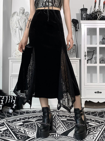Milanoo Women Long Skirt Black Lace Polyester Gothic Skirt