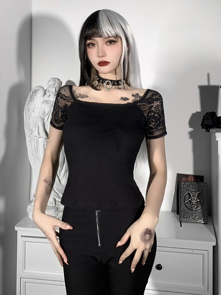 Milanoo Women Blouse Black Square Neck Long Sleeves Lace Gothic T Shirt