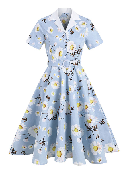Milanoo 1950s Retro Dress Light Sky Blue Floral Printed Stretch Pleated Short Sleeves V Neck Swing D