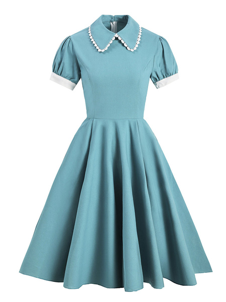 Milanoo 1950s Vintage Dress Turndown Collar Pleated Stretch Short Sleeves Blue Long Two Tone Swing D