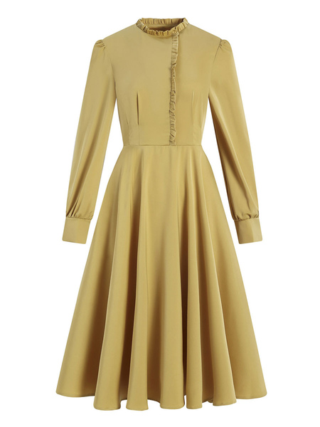 Milanoo 1950s Retro Dress Jewel Neck Ruffles Stretch Long Sleeves Yellow Long Rockabilly Dress