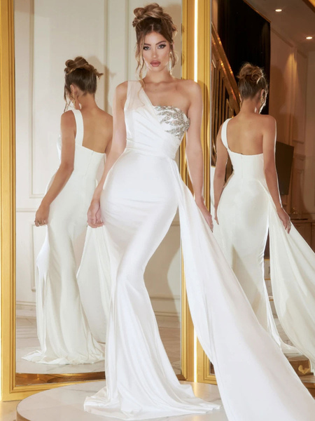 Milanoo Party Dresses White One Shoulder Sleeveless Open Shoulder Long Semi Formal Dress