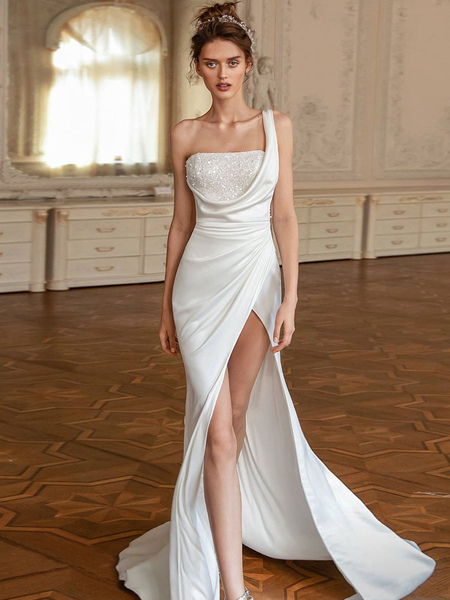 Party Dresses White One Shoulder Sequins Sleeveless Open Shoulder High Slit Long Semi Formal Dress