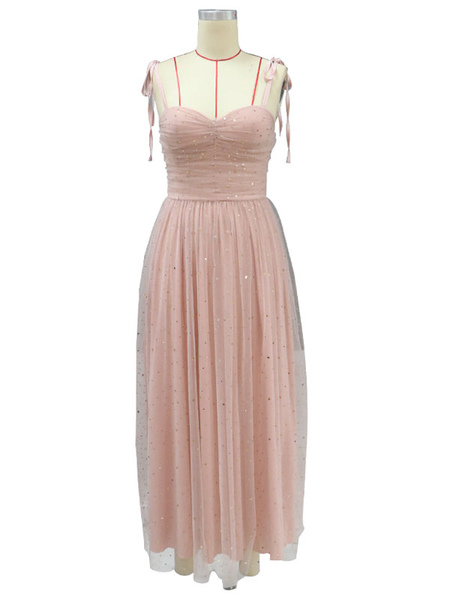 Party Dresses Pink Straps Neck Sequins Sleeveless Backless Semi Formal Dress