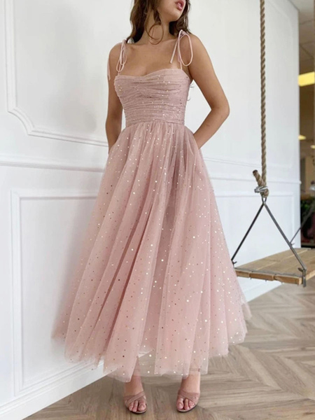 Party Dresses Pink Straps Neck Sequins Sleeveless Backless Semi Formal Dress