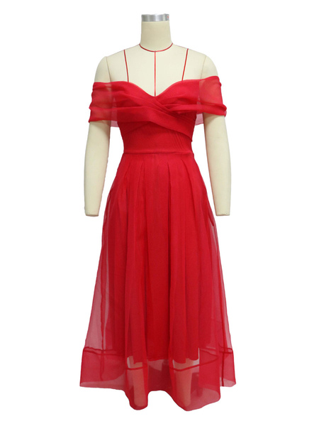 Party Dresses Red Strapless Open Shoulder Polyester Long Semi Formal Dress