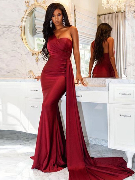 Party Dresses Red One Shoulder Sleeveless Long Semi Formal Dress