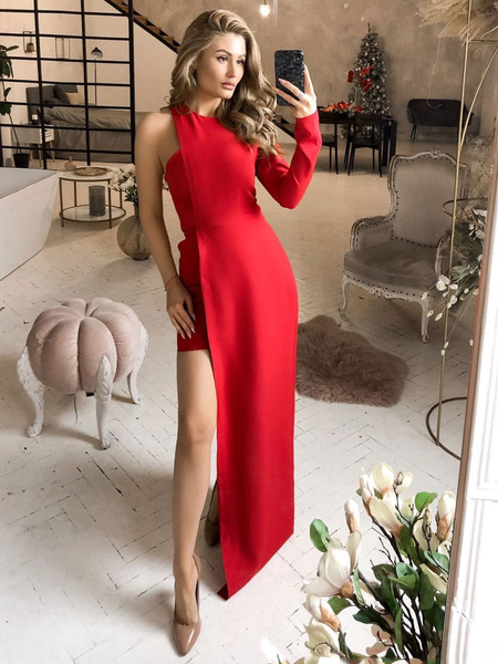 Milanoo Party Dresses Red Jewel Neck Sleeveless Open Shoulder Long Semi Formal Dress