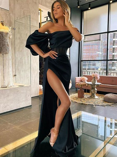 Milanoo Party Dresses Black Strapless High SLit Long Semi Formal Dress