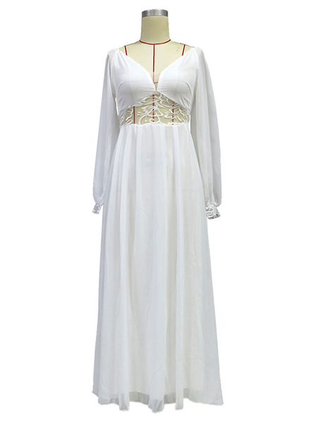 Maxi Dress Polyester Casual V Neck Long Sleeves White Long Lace Dresses