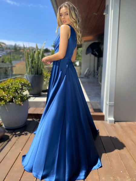 Party Dresses Blue Jewel Neck Sleeveless High Slit Floor Length Semi Formal Dress