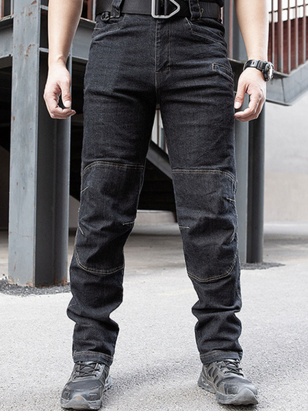 Milanoo Men\\'s Jeans Men\'s Jeans Casual Zipper Straight Black Deep Blue