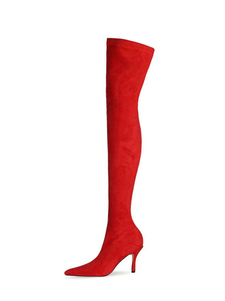 Milanoo Women Over The Knee Boots Stiletto Heel Pointed Toe Micro Suede Upper Red Thigh High Boots