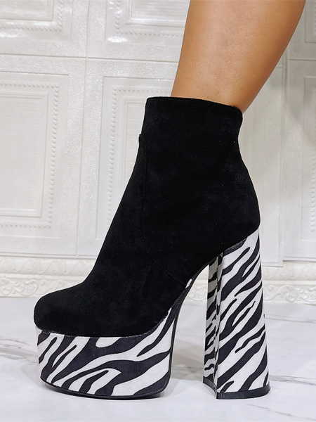 Milanoo Women's Zebra Print Platform Chunky Heel Ankle Boots Black