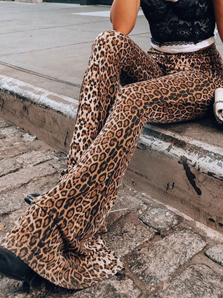 Milanoo Women Flared Pants Leopard Print Pattern Cotton High Rise Waist Trousers