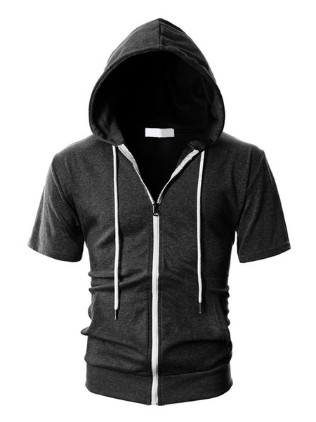 Milanoo Men Hoodies Hooded Short Sleeves Color Block Zipper Polyester Cotton Casual Sweatshirt