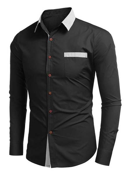 Milanoo Man's Casual Shirt Turndown Collar Casual Removable Color Block Black Men's Shirts