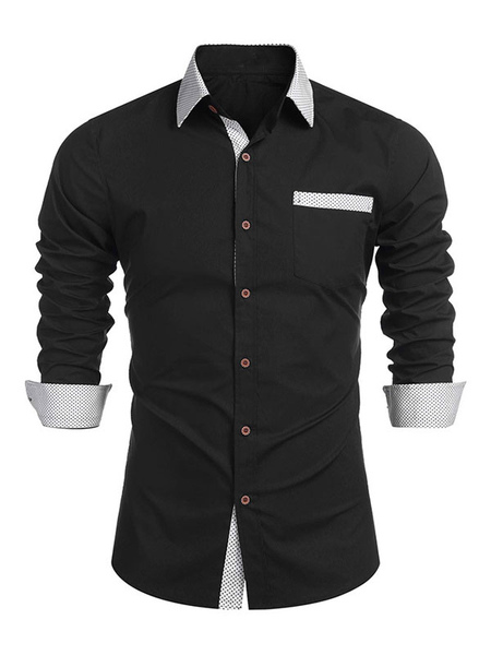 Milanoo Man\'s Casual Shirt Turndown Collar Casual Removable Color Block Black Men\\'s Shirts
