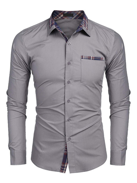 Milanoo Casual Shirt For Man Turndown Collar Casual Removable Color Block Baby blue Men's Shirts