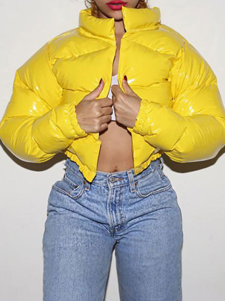 Milanoo Puffer Coats For Women Yellow Pockets Stand Collar Zipper Long Sleeves Casual Oversized Wint