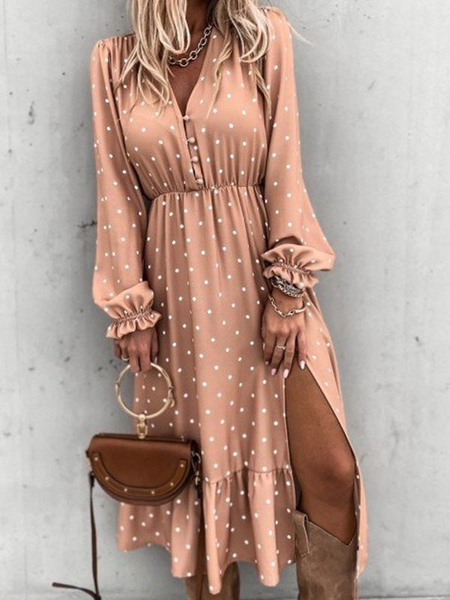 Milanoo Women Maxi Dress Deep Apricot Turndown Collar Long Puff Sleeves Split Pleated Print Pattern