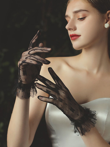 Milanoo Black Wedding Gloves Polyester Lace Bridal Gloves