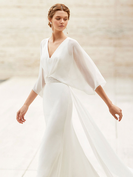 Milanoo Weißes einfaches Hochzeitskleid A-Linie V-Ausschnitt halbe Ärmel rückenfreie Schärpe Chiffon