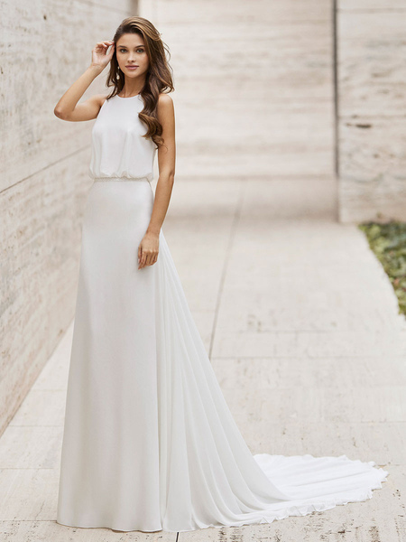 Milanoo White Simple Wedding Dress Jewel Neck Sleeveless Sash A Line Chiffon Bridal Gowns