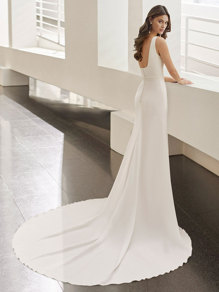 Milanoo Weißes einfaches Brautkleid aus Polyester mit eckigem Ausschnitt ärmelloses rückenfreies Mee