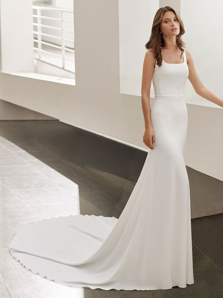 Milanoo White Simple Wedding Dress Polyester Square Neck Sleeveless Backless Mermaid Bridal Gowns