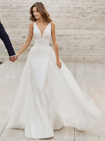 Milanoo Weißes einfaches Brautkleid Polyester V-Ausschnitt ärmellose rückenfreie lange Brautkleider