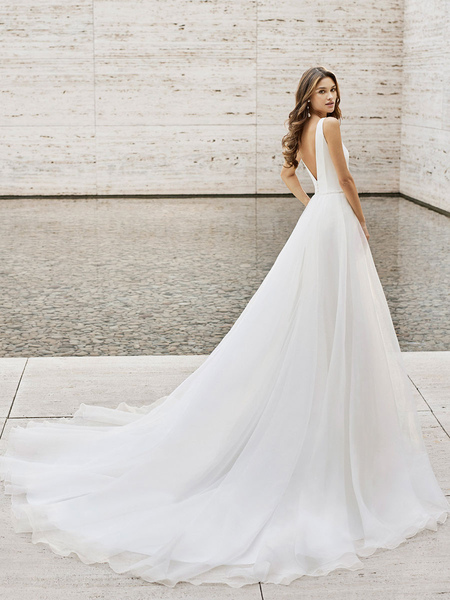 Milanoo White Simple Wedding Dress Polyester V Neck Sleeveless Backless Sheath Long Bridal Gowns