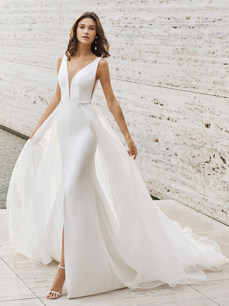 Milanoo Weißes einfaches Hochzeitskleid Polyester V-Ausschnitt ärmellose rückenfreie Hülle lange Bra