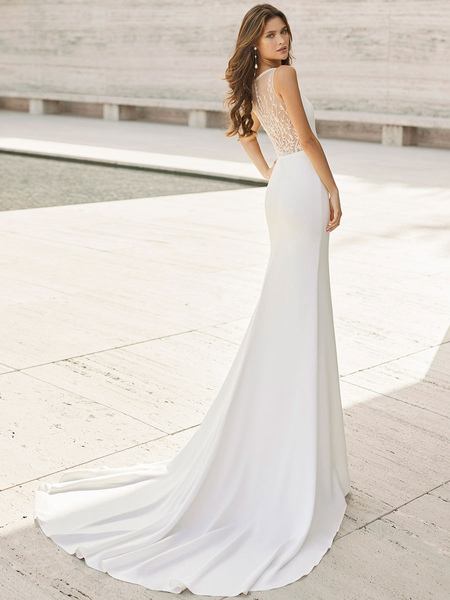 Milanoo White Simple Wedding Dress Jewel Neck Sleeveless Natural Waist Polyester Lace Long Bridal Dr