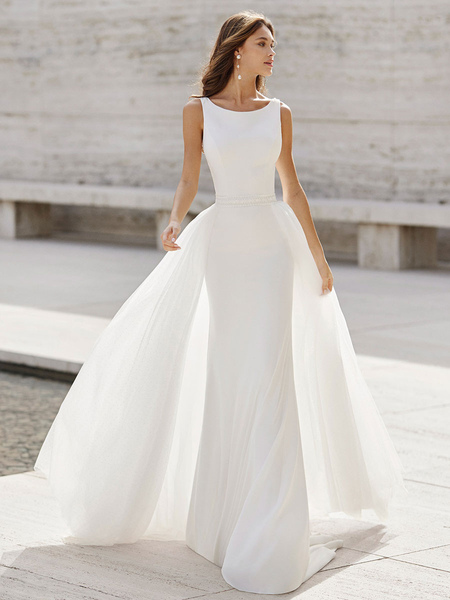 Milanoo Weißes einfaches Hochzeitskleid Jewel Neck Sleeveless Natural Waist Polyester Lace Lange Bra