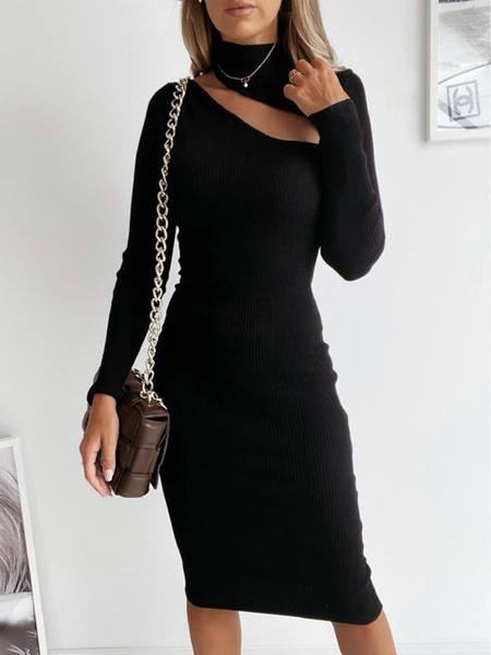Milanoo Women Bodycon Dress Jewel Neck Long Sleeves Polyester Casual Black Stretch Midi Dress