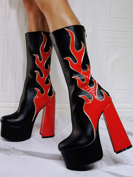 Milanoo Mid Calf Boots For Women Red Flame Pattern PU Leather Round Toe Geometric Boots