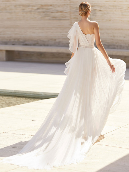 Milanoo Ivory Wedding Dress With Train Sleeveless Backless One Shoulder Chiffon Lace Bridal Gowns