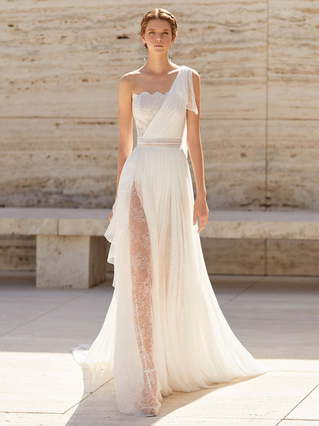 Milanoo Ivory Wedding Dress With Train Sleeveless Backless One Shoulder Chiffon Lace Bridal Gowns