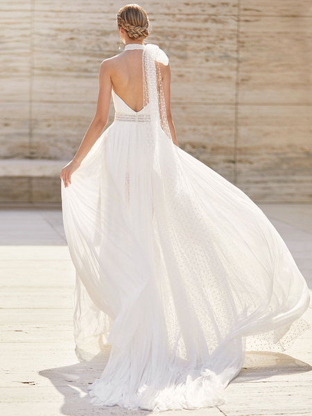 Milanoo White Wedding Dress Halter Sleeveless With Train Lace Backless Long Bridal Gowns