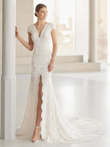 Milanoo White Lace Wedding Dress With Train Short Sleeves Lace V-Neck Mermaid Bridal Dresses