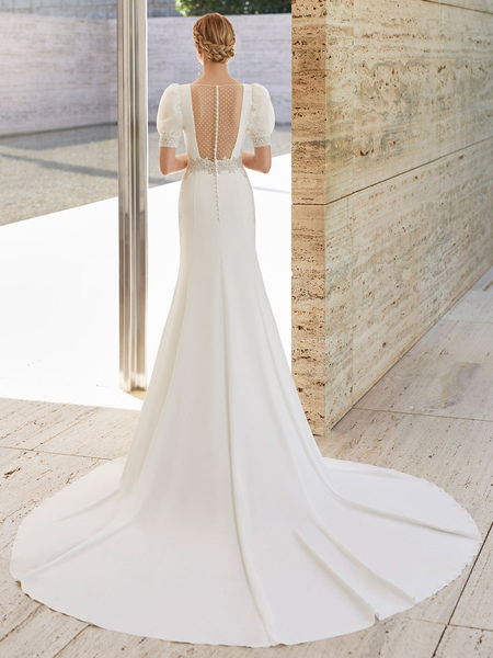 Milanoo Elfenbein Einfaches Brautkleid Spitze Quadratischer Ausschnitt Kurze Ärmel Chiffon Polyester