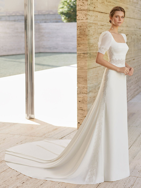 Milanoo Elfenbein Einfaches Brautkleid Spitze Quadratischer Ausschnitt Kurze Ärmel Chiffon Polyester
